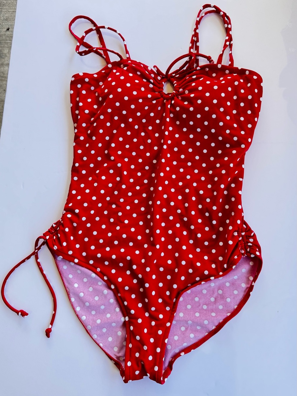 Red Polka Dot One-Piece Swimsuit with Adjustable Side Ties